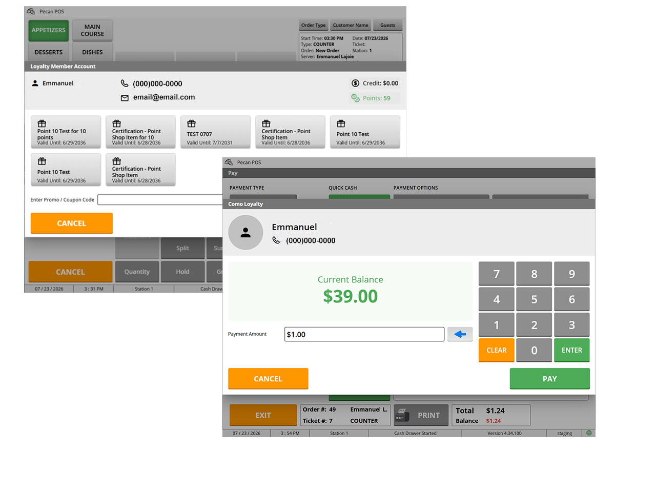 Como Loyalty customer experience in Pecan POS