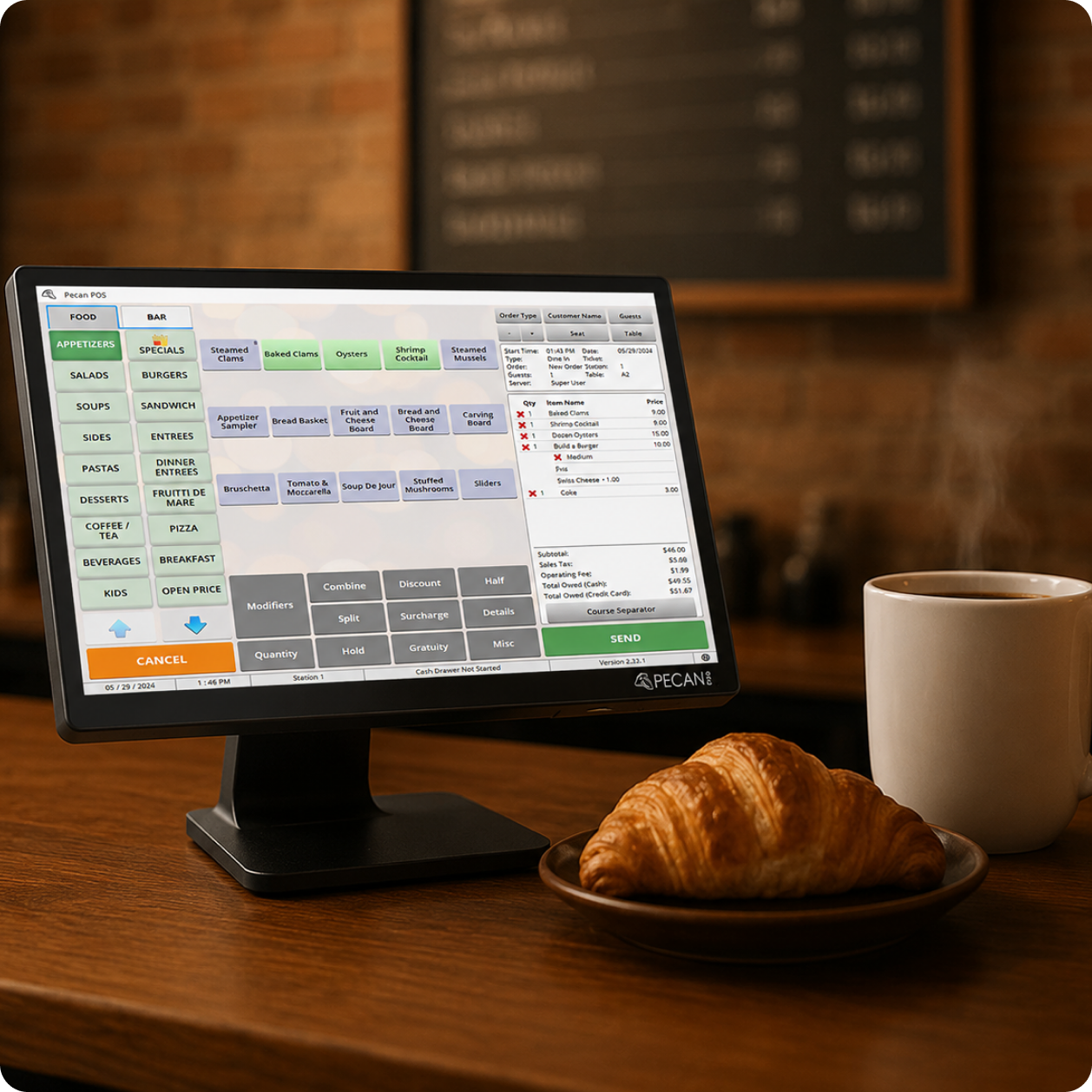 Pecan POS terminal on a restaurant counter