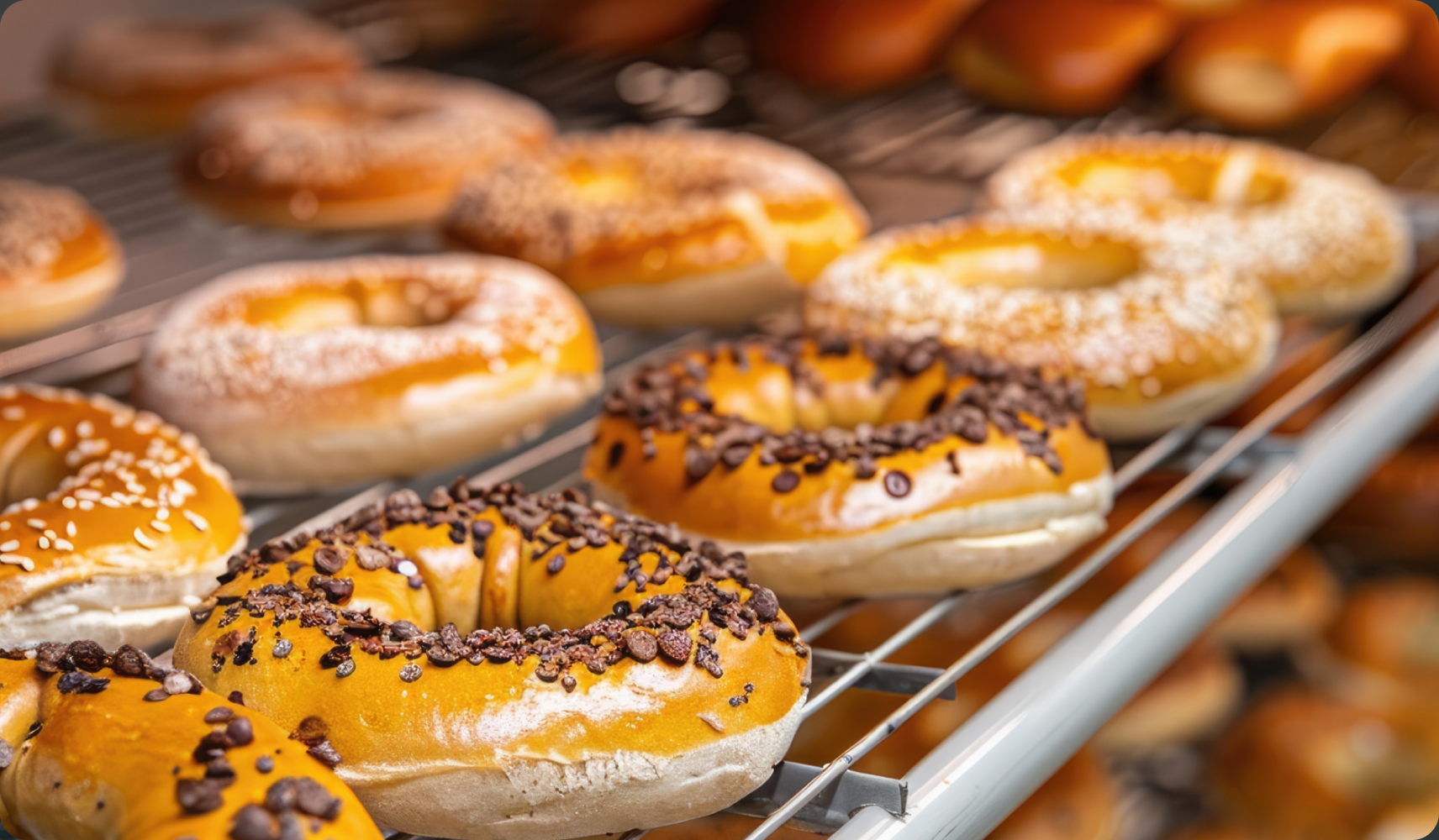 Fresh bagels cooling on wire racks