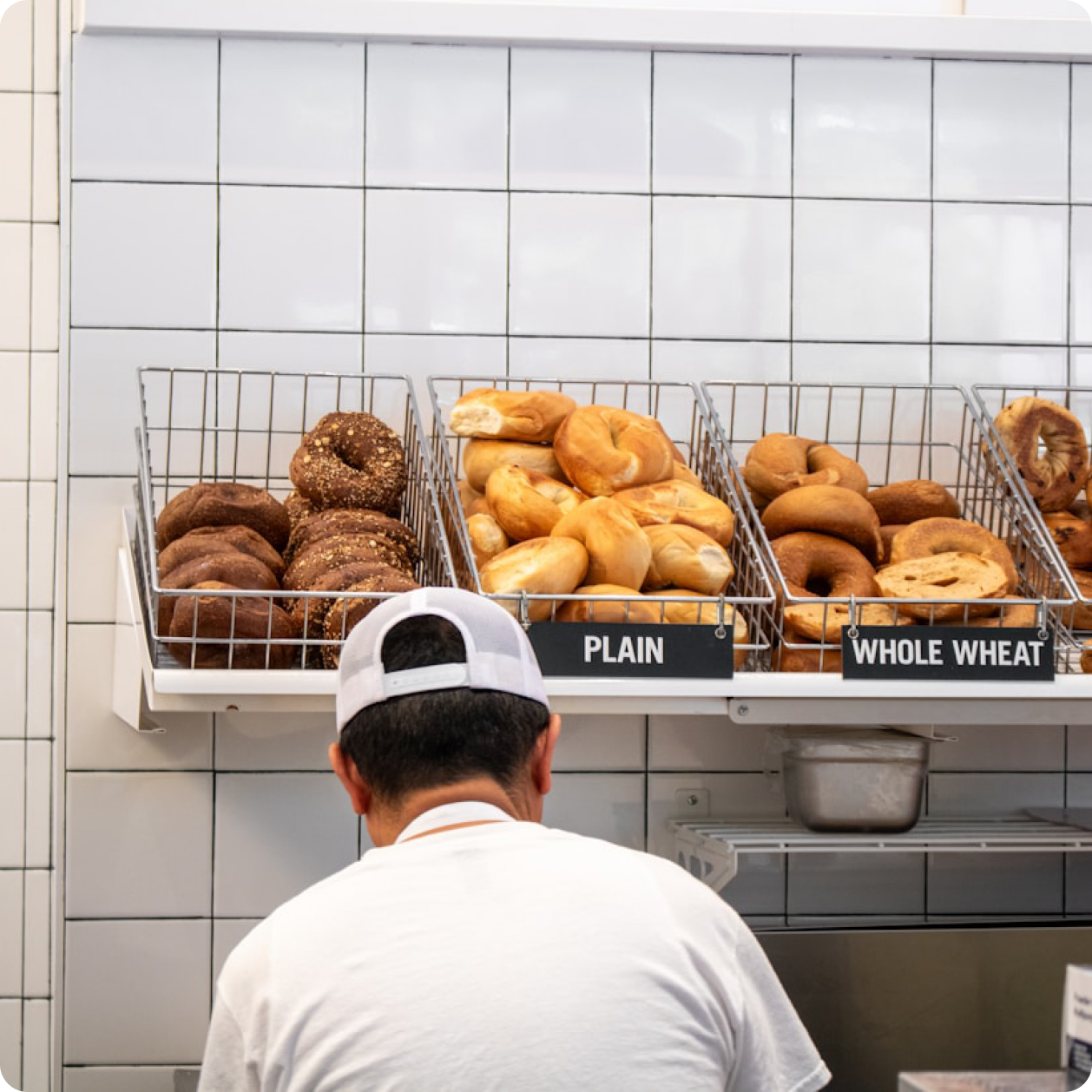 Bagel baskets labeled plain and whole wheat