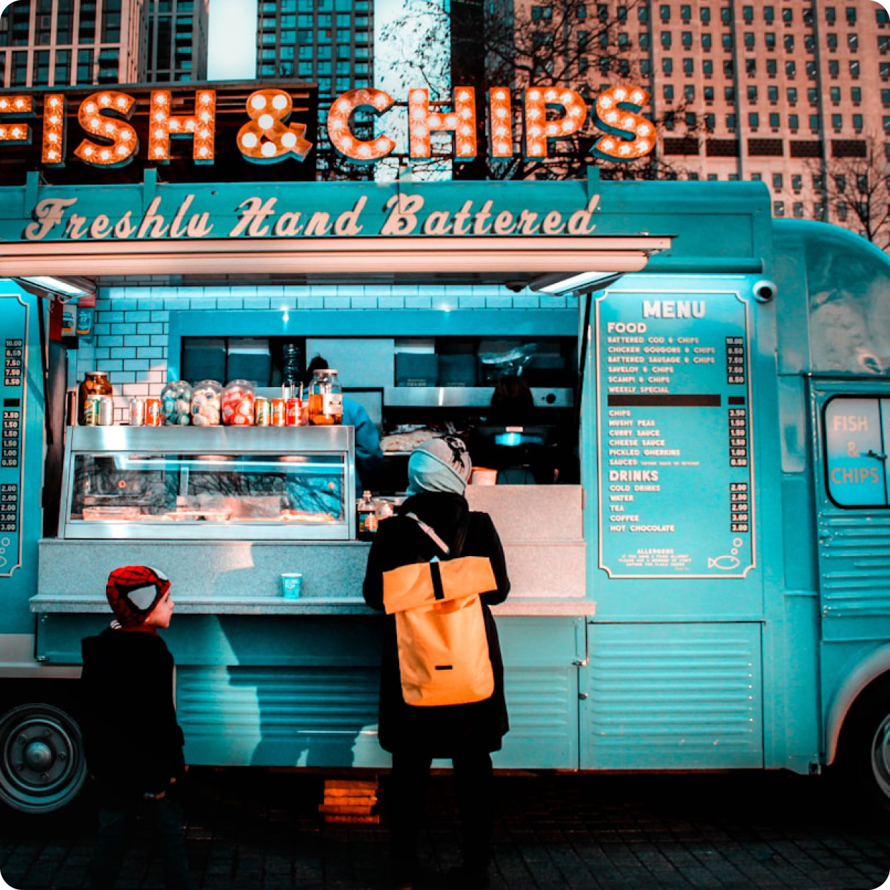 Fish and chips food truck at night