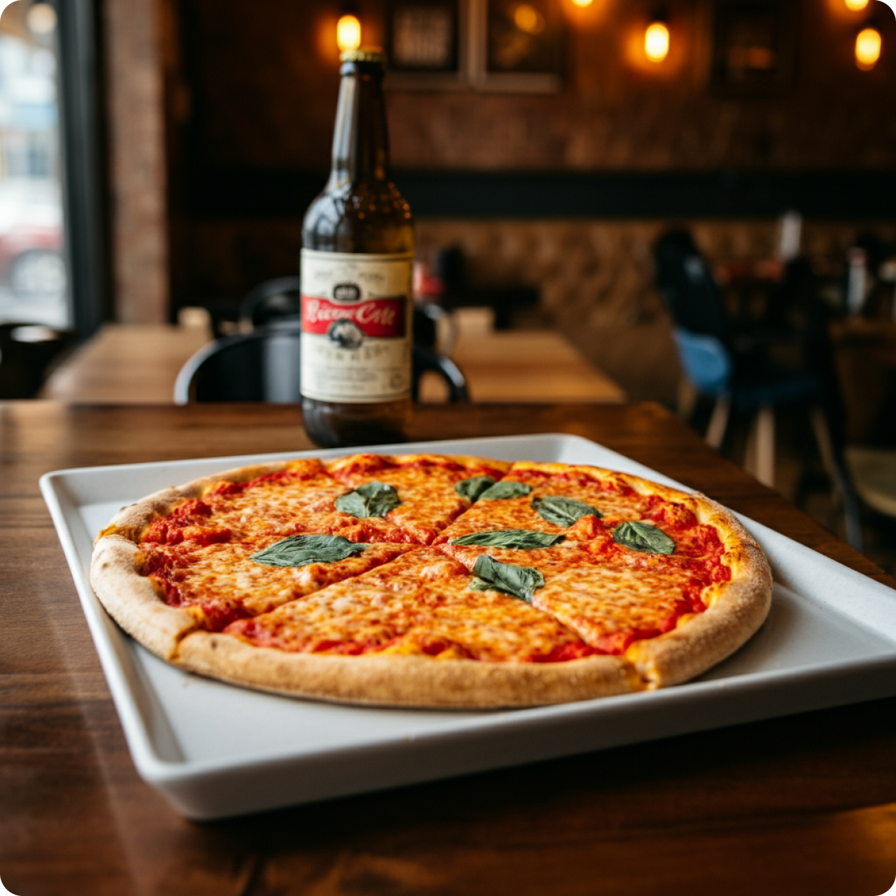 Margherita pizza with basil on a white plate